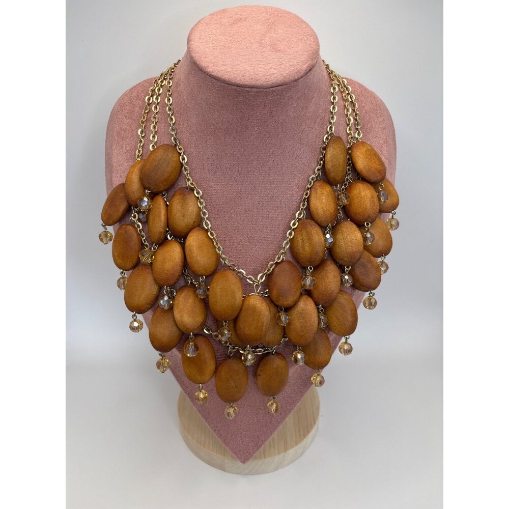 Multi Strand Gold Chain Wooden Statement 16”Necklace Amber Glass Faceted Beads